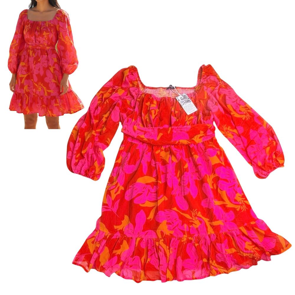 Jolly Code Rio Dress Women's XL Smock Back Ruffle Pink Orange Lantern Sleeve New